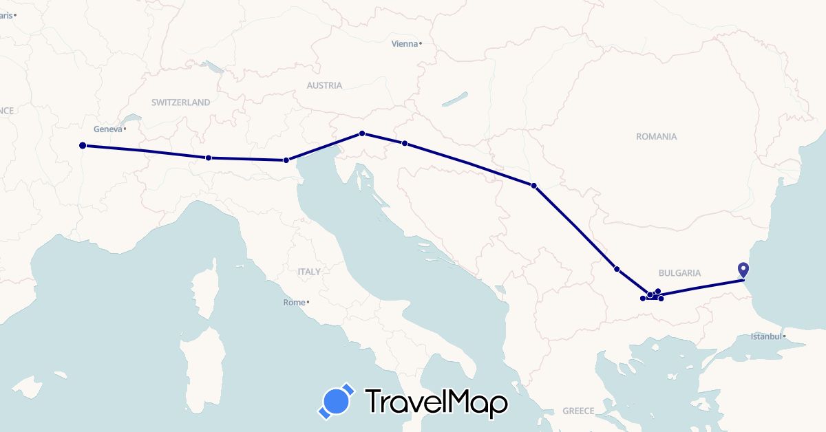 TravelMap itinerary: driving in Bulgaria, France, Croatia, Italy, Serbia, Slovenia (Europe)